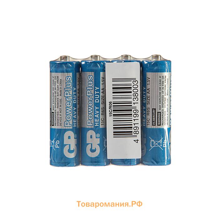 Батарейка солевая GP PowerPlus Heavy Duty, AA, R6-4S, 1.5В, спайка, 4 шт.