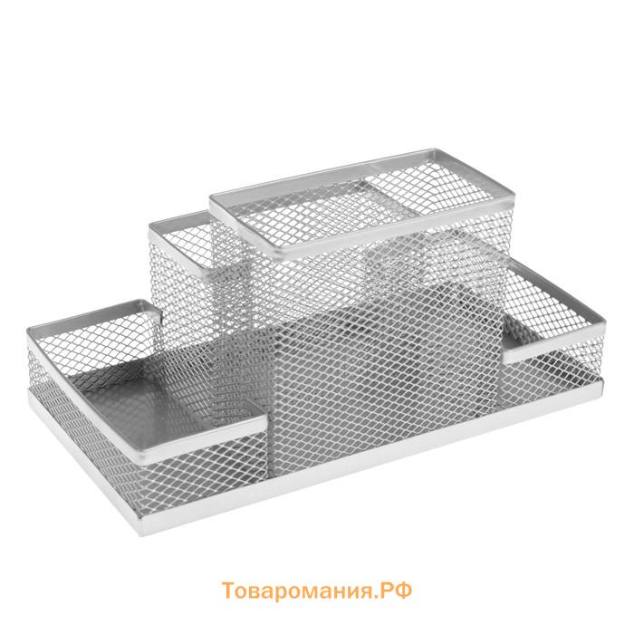 Подставка для канцелярских мелочей 4 отделения, металлическая сетка, цвет серый