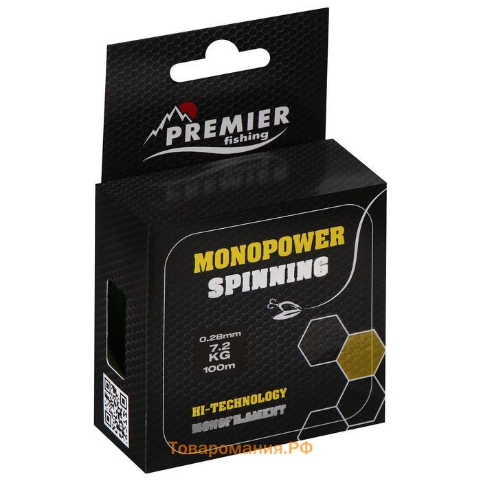 Леска Preмier fishing MONOPOWER Spinning, диаметр 0.28 мм, тест 7.2 кг, 100 м, флуоресцентная желтая