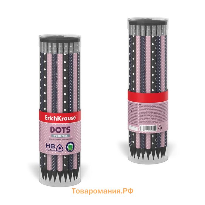 Карандаш чернографитный с ластиком ErichKrause "Dots", HB, грифель d=2.2 мм, пластик, трёхгранный в тубусе, микс