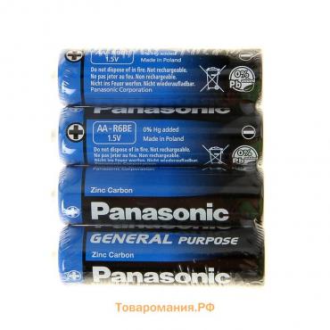 Батарейка солевая Panasonic General Purpose, AA, R6-4S, 1.5В, спайка, 4 шт.