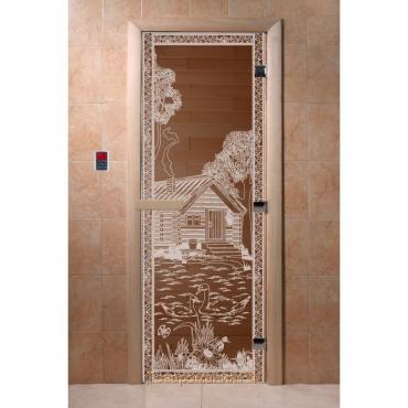 Дверь для бани стеклянная «Банька в лесу», размер коробки 190 × 70 см, 8 мм, бронза, левая